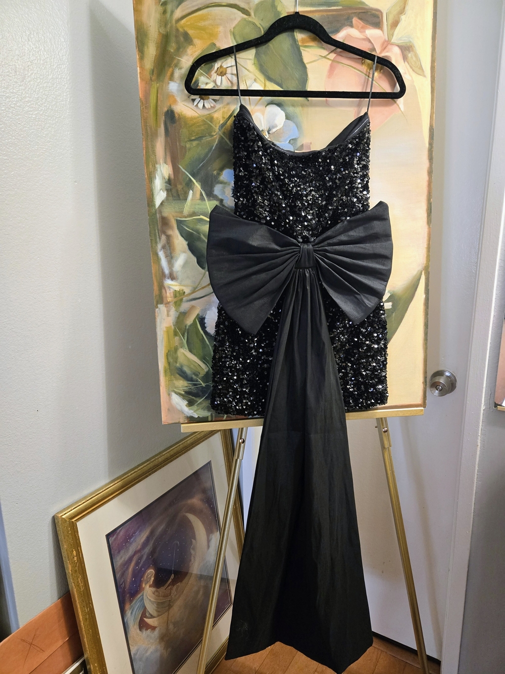 Evolutionary Apparel black sequined strapless mini dress Detachable Ribbon sz M